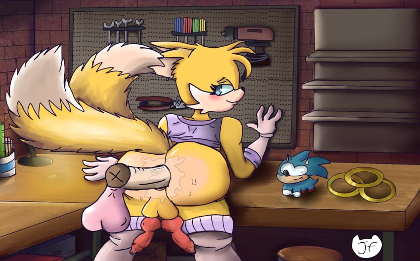 1boy 1futa 2_penises 2_tails 2d_(artwork)furry amy_rose anthro ass_focus blue_eyes bubble_butt canine diphallia diphallism femboy fox fox_ears futa_on_male futanari multi_genitalia multi_penis penis precum sonic_(series) sonic_the_hedgehog_(series) sweat tails tails_the_fox tank_top thick_thighs thighhighs