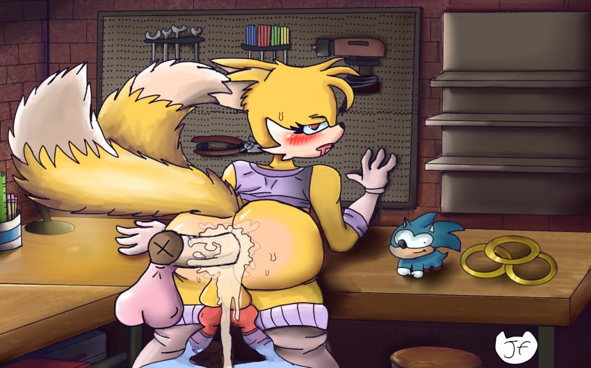 1boy 1futa 2_penises 2_tails 2d_(artwork)furry amy_rose anthro ass_focus blue_eyes bubble_butt canine clothing condom condom_balloon condom_filling condom_on_penis cum cum_in_ass cum_inside cumshot femboy fox fox_ears futa_on_male futanari precum sonic_(series) sonic_the_hedgehog_(series) sweat tails tails_the_fox tank_top thick_thighs thighhighs