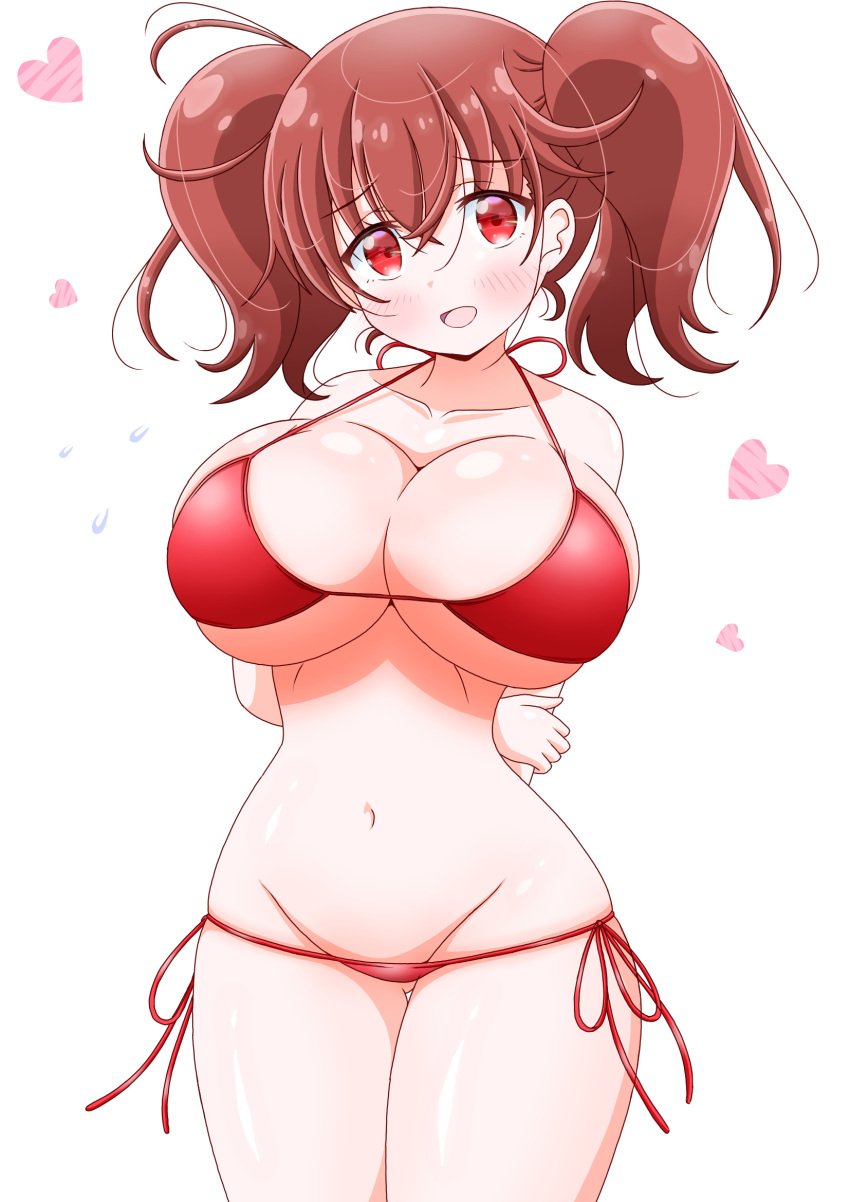 alternate_breast_size arms_behind_back bikini blush breasts collarbone cowboy_shot dot_nose edomae_elf embarrassed eyebrows eyelashes female female_focus flying_sweatdrops hand_on_own_arm heart highres huge_breasts imai_kazunari long_hair looking_at_viewer matching_hair/eyes navel open_mouth red_bikini red_eyes red_hair sakuraba_koma simple_background solo standing swimsuit white_background wide_hips