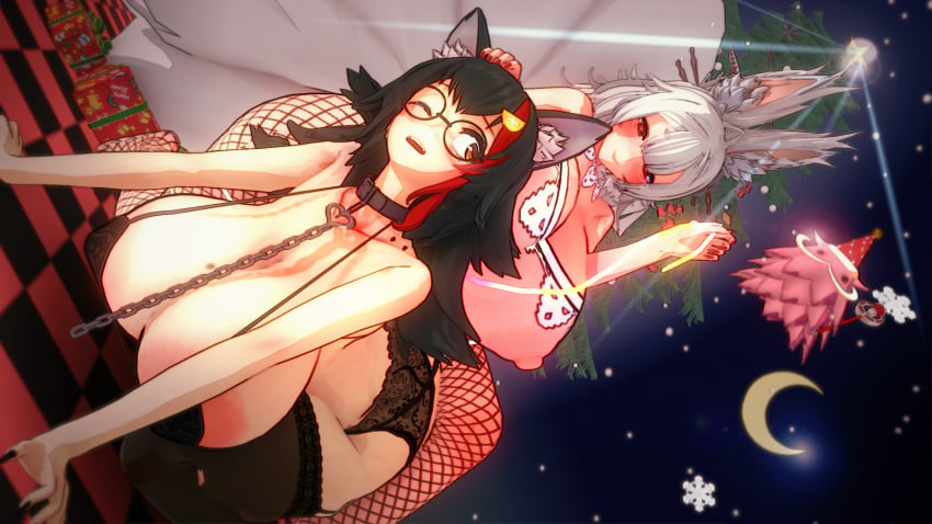 2girls 3d 3d_(artwork) christmas christmas_tree curvaceous curvy curvy_figure fangs fox fox_ears fox_girl fox_tail fox_tails gigantic_breasts hololive hololive_gamers hololive_japan huge_ass huge_breasts koikatsu leash leash_pull lingerie milf multiple_tails nijisanji nijisanji_en nina_kosaka nipples ookami_mio tagme wolf_ears wolf_girl yuri