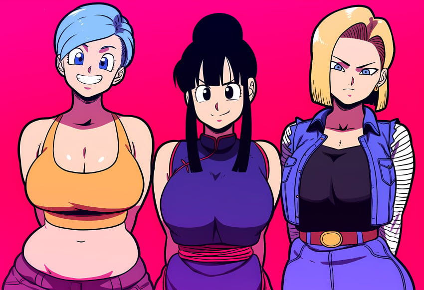 3girls alternate_breast_size android_18 big_breasts black_hair blonde_hair blue_hair breasts_bigger_than_head bulma_briefs chichi chinese_clothes cleavage curvaceous curvy dragon_ball dragon_ball_super dragon_ball_z huge_breasts human jacket large_breasts mature_female milf mommy mullon novelai robot robot_girl robot_humanoid smile tank_top wide_hips