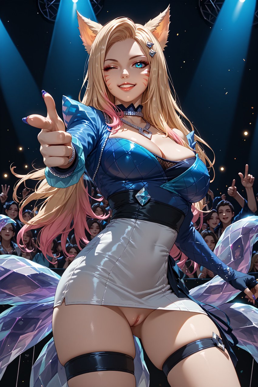 1girls ahri ai_generated audience blue_dress blue_eyes concert facial_markings finger_gun fox_ears fox_tail huge_breasts k/da_all_out_ahri k/da_all_out_series league_of_legends long_hair on_stage pussy revealing_clothes seductive_smile skindentation stable_diffusion stage stage_lights standing vastaya winking winking_at_viewer