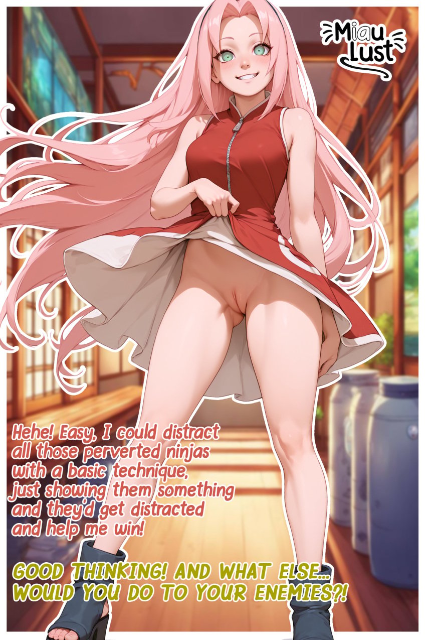 ai_generated dress dress_lift flashing flashing_pussy long_hair medium_breasts miaulust naruto naruto:_road_to_ninja naruto_(classic) naruto_(series) naruto_shippuden ninja pink_hair red_dress sakura_haruno sakura_haruno(genin)