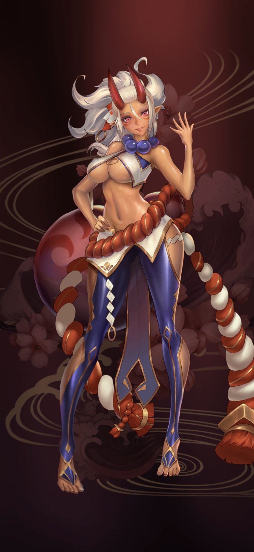 1girls 9:16 ai_generated asaka_(king_of_kinks) belly breasts clothed dark_skin exposed_breasts feet female game_cg horns king_of_kinks nutaku red_eyes stockings tagme white_hair
