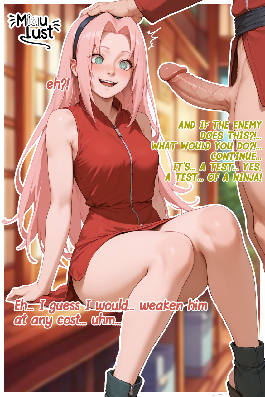 ai_generated dress dress_lift long_hair medium_breasts miaulust naruto naruto:_road_to_ninja naruto_(classic) naruto_(series) naruto_shippuden ninja pink_hair red_dress sakura_haruno sakura_haruno(genin)