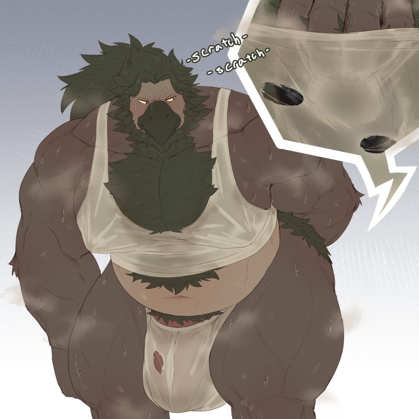 anthro avian balls barazoku big_bulge bird black_hair blush bodily_fluids body_hair bulge butt_hair chest_hair clothing flaccid genitals ghangaji hair hairy hi_res huge_bulge male muscular muscular_anthro muscular_male musk owl penis roc_(amusebyanyothername) scratches scratching_butt shirt solo sweat tank_top topwear torn_clothing torn_underwear underwear