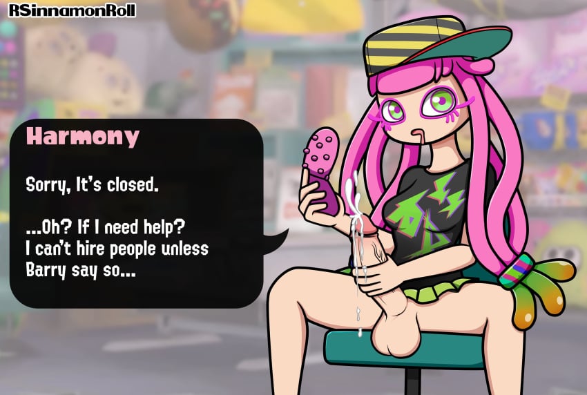 1futa balls black_shirt bottomless breasts cellphone clothed clothing cum drooling english_text erection futa_only futanari grabbing_penis green_eyes harmony_(splatoon) hat holding_object huge_cock humanoid humanoid_penis large_penis light-skinned_futanari light_skin looking_at_viewer masturbating masturbation microskirt partially_clothed penis pink_hair pseudo_hair rsinnamonroll shirt sitting skirt solo splatoon splatoon_3 testicles text text_bubble unaware