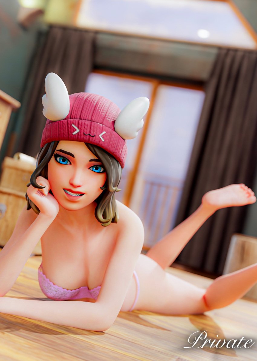 1girls 2024 3d beanie beanie_hat blender blue_eyes bra breasts brown_hair cleavage detailed_background epic_games female female_focus female_only fortnite fortnite:_battle_royale headwear hi_res highres laying_down laying_on_stomach light-skinned_female light_skin looking_at_viewer on_stomach pose posing privateotgx skye_(fortnite) small_breasts smile smiling solo solo_focus underwear watermark