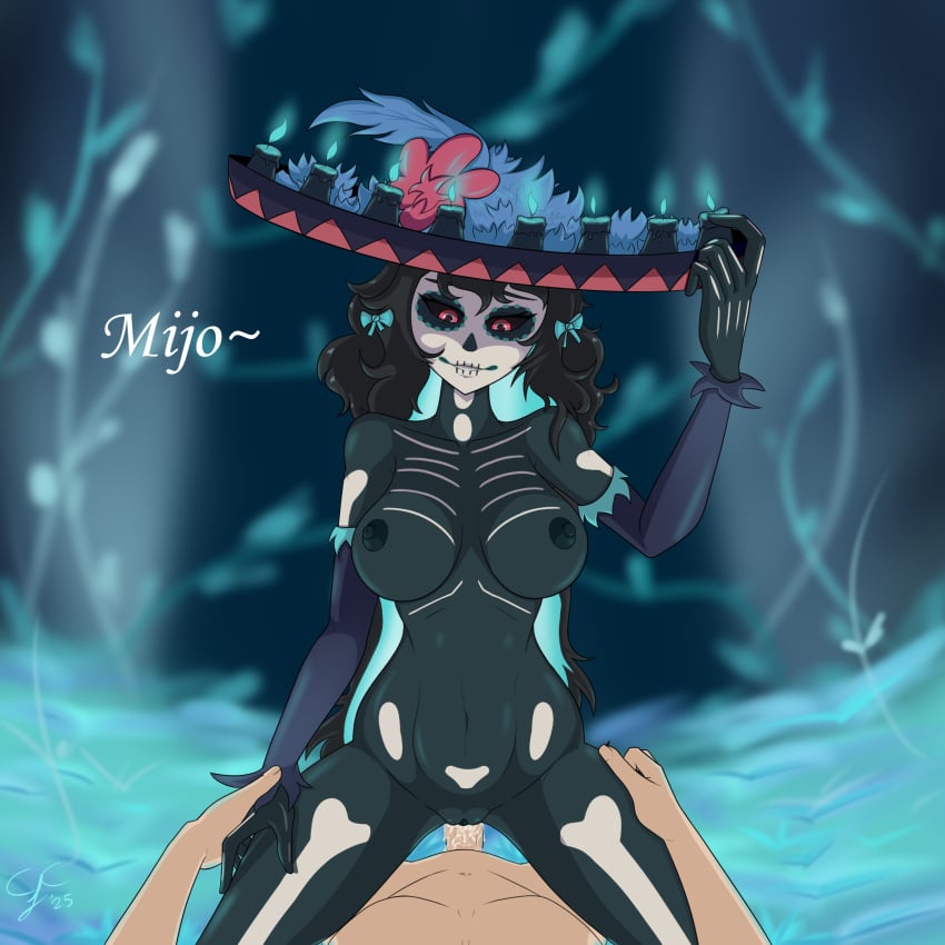 basedbinkie black_body black_hair black_sclera candles chivalry_starved cjanitorc cowgirl_position death flowers goddess kindness_(basedbinkie) large_breasts on_top red_eyes skeleton_markings smile sombrero white_skin