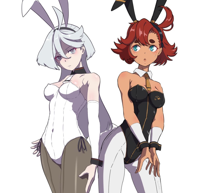 2girls animal_ears batta_16-sei black_leotard black_pantyhose black_vs_white blue_eyes blush breasts closed_mouth covered_navel dark-skinned_female dark_skin fake_animal_ears female_focus grey_eyes gundam gundam_suisei_no_majo hairband highleg highleg_leotard leotard long_hair looking_at_viewer medium_breasts miorine_rembran multiple_girls open_mouth pantyhose playboy_bunny rabbit_ears red_hair short_hair simple_background strapless strapless_leotard suletta_mercury white_background white_hair white_leotard white_pantyhose