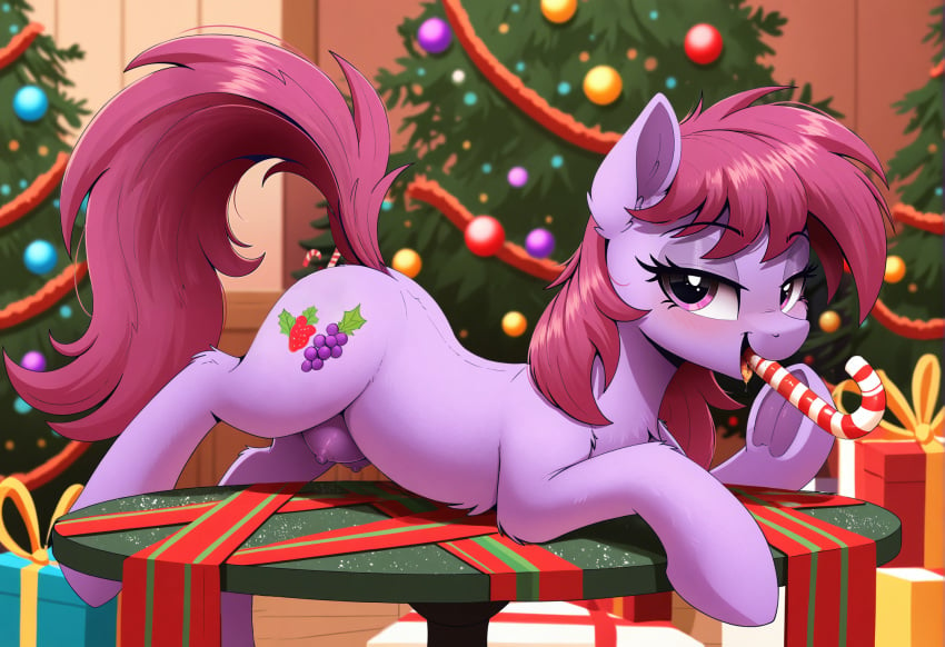 ai_generated berry_punch_(mlp) candy candy_cane christmas crotchboobs cutie_mark earth_pony equid equine female female_only feral feral_only food furry holidays horse mammal mane nipples pony smile solo