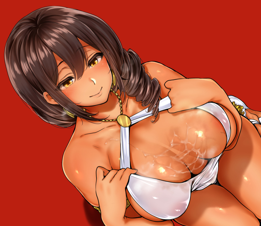 after_paizuri alternate_costume armlet azur_lane bare_shoulders black_hair blush breasts brown_eyes closed_mouth collarbone commentary_request cum cum_bridge cum_on_body cum_on_breasts cum_on_upper_body cum_string dark-skinned_female dark_skin dress earrings erect_nipples evening_gown eyebrows_visible_through_hair female from_above hair_between_eyes hair_over_shoulder jewelry large_breasts light_smile long_hair looking_down mitsugi native_american red_background sideboob simple_background sleeveless sleeveless_dress solo south_dakota_(azur_lane) white_dress white_footwear