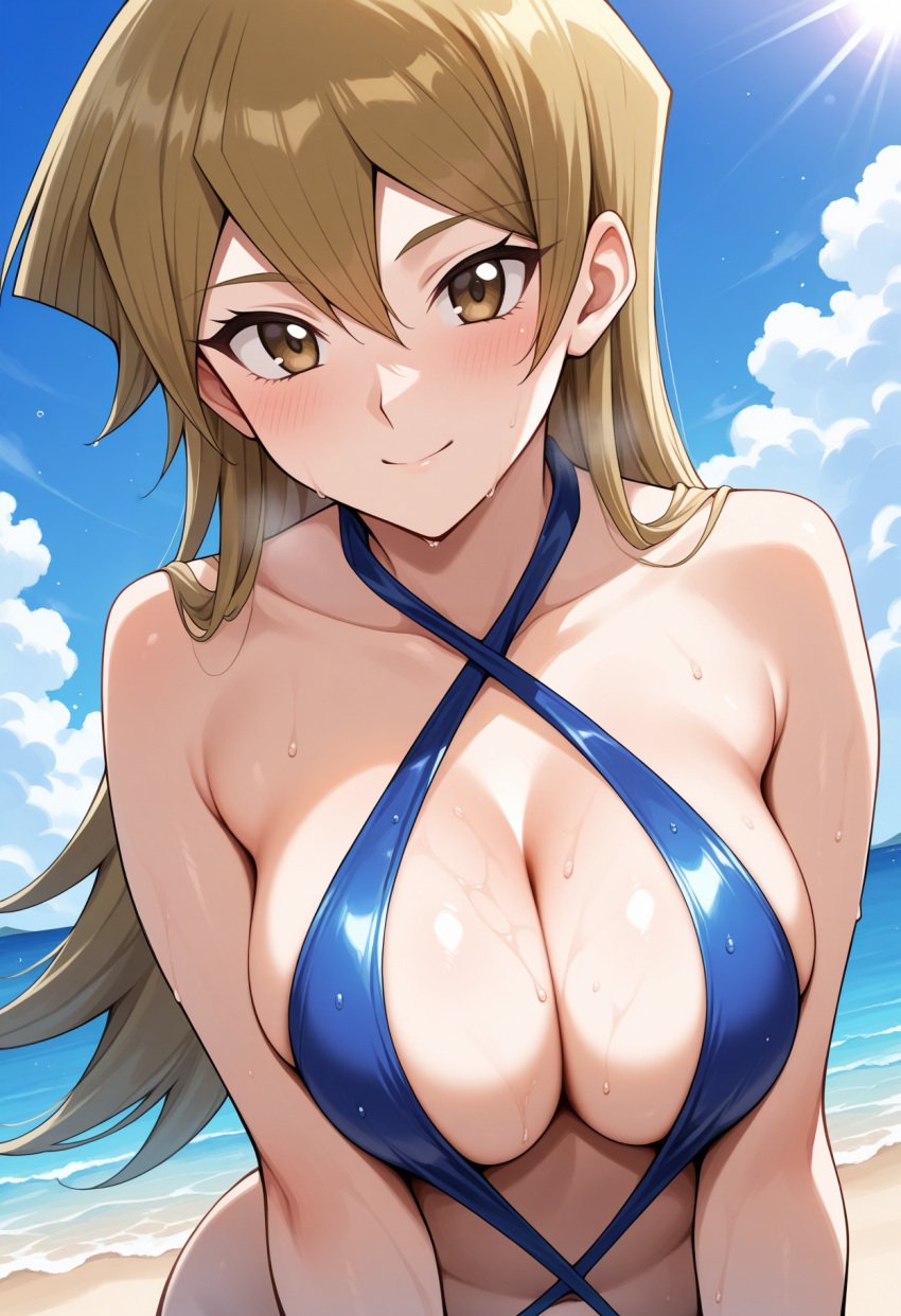 ai_generated alexis_rhodes beach_background bikini_top blonde_hair blush breasts brown_eyes female_only hi_res looking_at_viewer pressing_breasts seductive_smile sephiaton955 solo sweatdrop tenjouin_asuka younger_female yu-gi-oh! yu-gi-oh!_arc-v yu-gi-oh!_gx