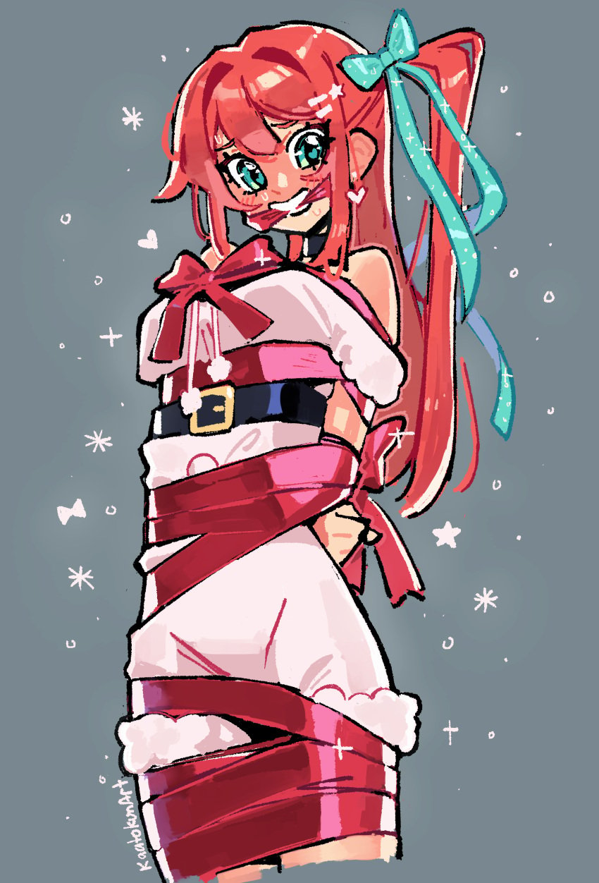 blush christmas green_eyes heart idol kaatokunart lyra_(kaatokunart) oc orange_hair original original_character red_hair ribbon smile star tied_up twintails wrapped