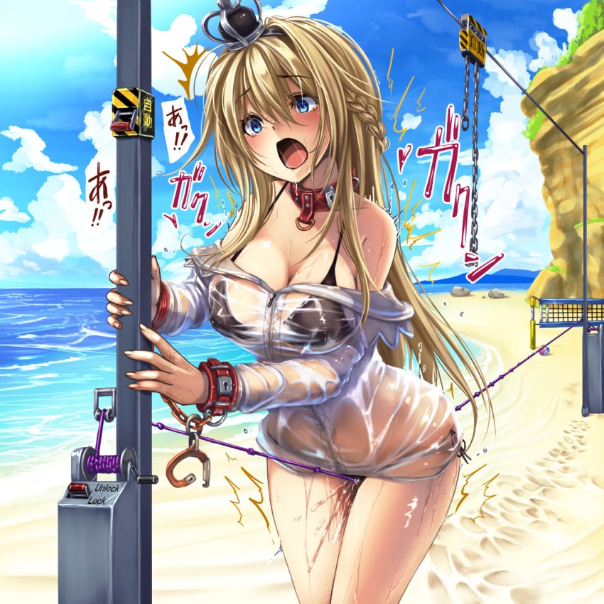 beach bikini black_bikini blonde_hair blue_eyes blue_sky blush bound bound_wrists braid breasts collar crown cuffs dress eyebrows_visible_through_hair female female_orgasm forced_orgasm french_braid hair_between_eyes handcuffs highres jewelry kantai_collection long_hair long_sleeves looking_at_viewer mini_crown monikano necklace ocean off-shoulder_dress off_shoulder open_mouth orgasm rope_walking sand see-through side-tie_bikini sky solo squirting squirting_through_clothes swimsuit tearing_up thighs trembling warspite_(kantai_collection) wet wet_clothes