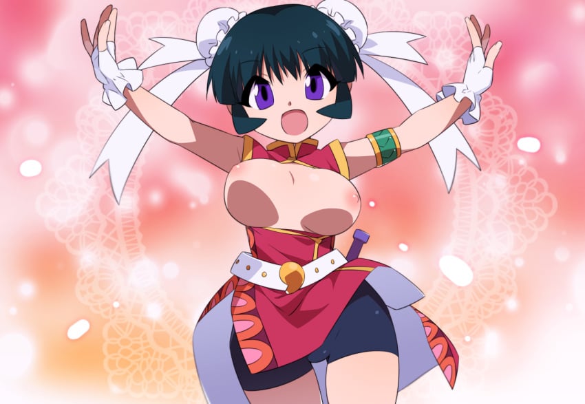 beyblade beyblade_metal_fusion breasts breasts_out china_dress chinese_clothes chinese_dress chinese_female chinese_girl female gloves happy mei_mei_(beyblade) purple_eyes sea_collision(artist) smile teal_hair topless twin_buns