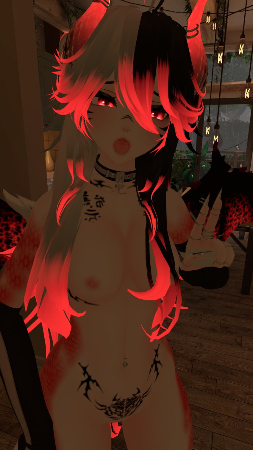 belly_piercing choker dragon_girl first_post_of_artist horns lewd_vrchater long_hair nipples nose_piercing open_mouth peace_sign red_eyes ring scales self_upload small_breasts standing tattoo vrchat wings