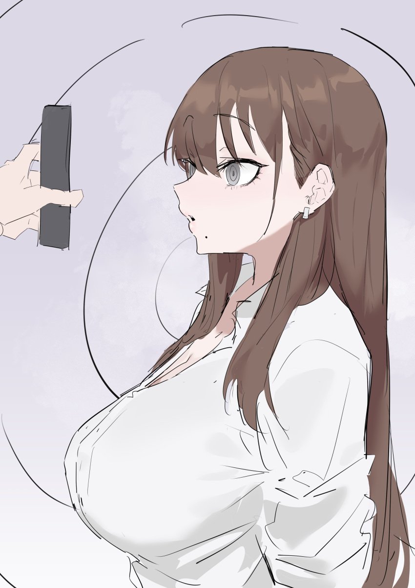 ass black_eyes breasts brown_hair femsub gyaru hypnosis hypnosis_app kkan large_ass large_breasts long_hair maledom mind_control mole original original_character ring_eyes school_uniform sitting skirt smartphone tech_control thick_thighs thighs