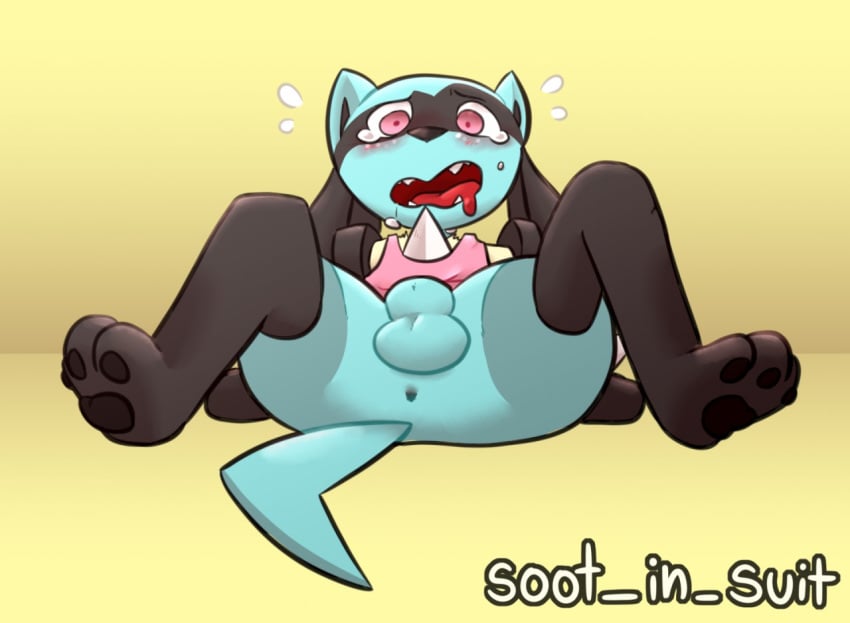 1boy 2018 animal_genitalia anthro anus ass black_pawpads blue_fur blush bottomless canine clothed clothing crying digital_media_(artwork) drooling feet fully_sheathed fur furry looking_at_viewer lucario male male_only mammal nintendo open_mouth pawpads paws pink_eyes pokemon pokemon_(species) pokemon_dppt saliva sheath simple_background solo soot_in_suit spike_(disambiguation) spread_legs spreading tears teeth testicles text thick_thighs tongue video_games watermark