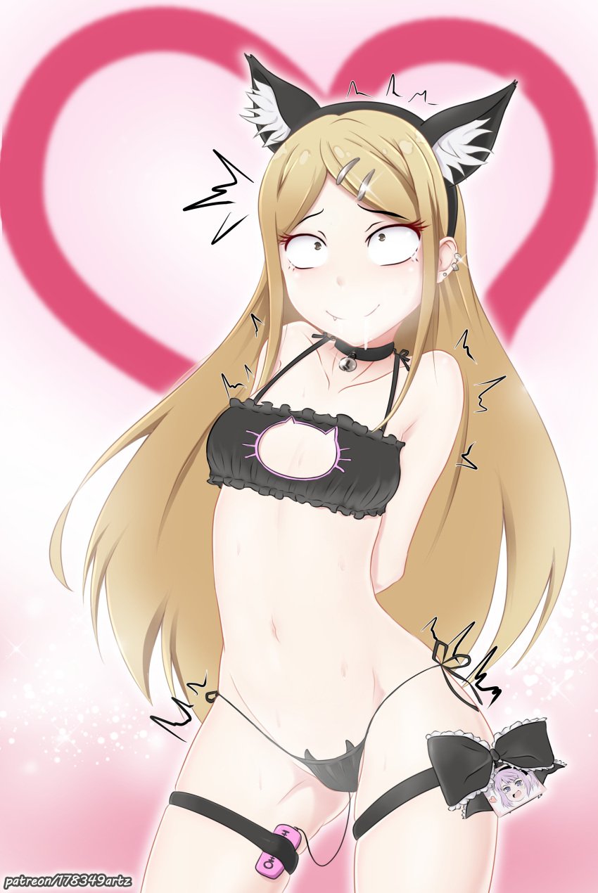 10s 178349artz bare_shoulders black_bra black_neckwear black_panties blush bra breasts brown_hair cat_cutout cat_ear_panties cat_lingerie cleavage_cutout collar collarbone cowboy_shot dagashi_kashi endou_saya_(dagashi_kashi) erect_nipples eyebrows_visible_through_hair female frilled_bra frills gluteal_fold groin hair_ornament lingerie long_hair looking_at_viewer meme_attire midriff navel oerba_yun_fang open_mouth panties side-tie_panties small_breasts solo stomach thighhighs underwear underwear_only