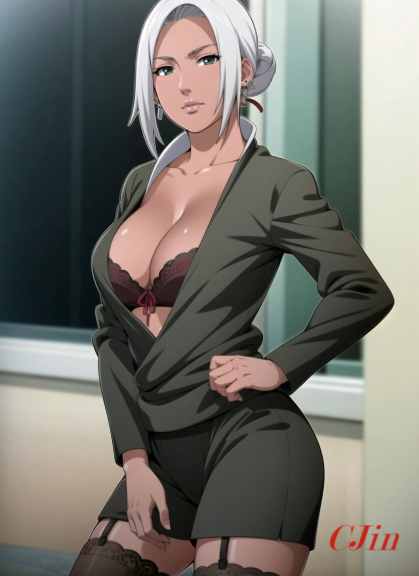 1girls ai_generated assistant big_breasts blue_eyes bra center_opening cjin cleavage collarbone curvaceous dark-skinned_female dark_skin dress earrings female female_only flashing flashing_breasts front_view huge_breasts jewelry kunoichi large_breasts looking_at_viewer mabui mature mature_female mommy nai_diffusion naruto naruto_(series) naruto_shippuden ninja oppai pink_lipstick pinup presenting presenting_breasts secretary silver_hair solo stable_diffusion underwear undressing upper_body voluptuous