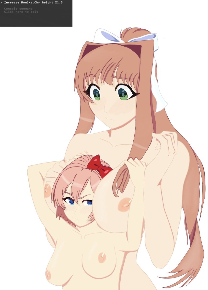 2girls big_breasts blue_eyes bow breasts brown_hair doki_doki_literature_club duo female female_only green_eyes long_hair macky06_(artist) monika_(doki_doki_literature_club) multiple_girls naked nipples nude orange_hair ponytail red_bow sayori_(doki_doki_literature_club) strawberry_blonde_hair text text_box white_background white_bow