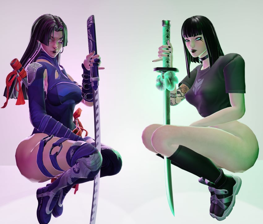 2girls 3d charlotte_(fortnite) fortnite marvel marvel_rivals psylocke psylocke_(marvel_rivals) revenantrenders tagme vengeance_psylocke x-men