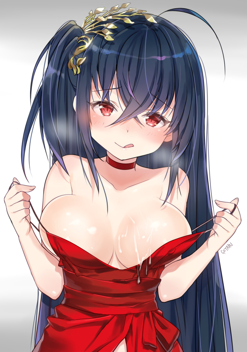 :q ahoge artist_name azur_lane bangs bare_shoulders black_hair blush breasts choker closed_mouth collarbone commentary_request cum cum_on_body cum_on_breasts cum_on_upper_body dress erect_nipples eyebrows_visible_through_hair female fingernails goyain gradient gradient_background grey_background hair_between_eyes hands_up head_tilt highres large_breasts long_hair one_side_up pulled_by_self red_choker red_dress red_eyes signature smile solo strap_pull taihou_(azur_lane) taihou_(forbidden_feast)_(azur_lane) tongue tongue_out upper_body very_long_hair white_background