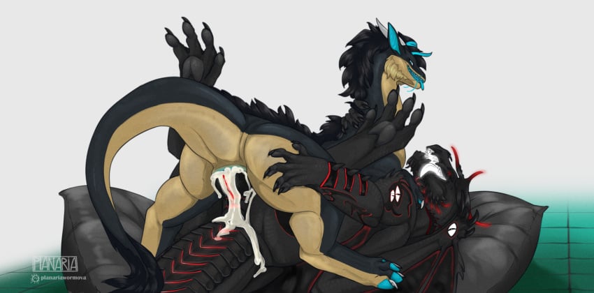 anal anal_sex anus ass black_body black_claws black_knot black_mane black_scales blue_anus blue_pawpads blue_tongue bodily_fluids claws cum cum_from_ass cum_in_ass cum_inside dragon duo female feral furry genital_fluids hi_res knot looking_pleasured male male/female mane mythological_creature mythological_scalie mythology pawpads penetration planaria scales scalie tongue ventral_scales zoophilia