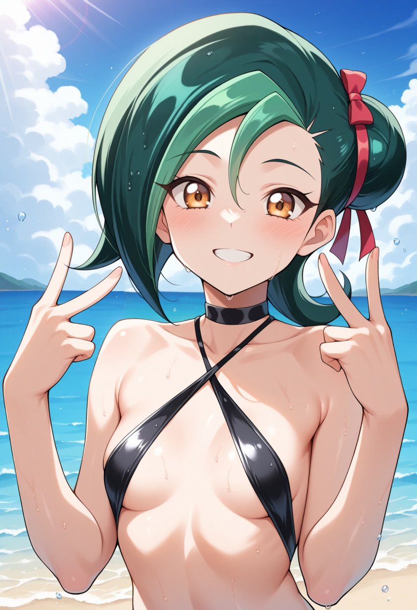 1girls ai_generated beach_background bikini blush cute_face green_hair hi_res kotori_mizuki micro_bikini orange_eyes peace_sign ribbon sephiaton955 short_hair small_breasts smile solo sweatdrop teenage_girl teenager tori_meadows yu-gi-oh! yu-gi-oh!_zexal