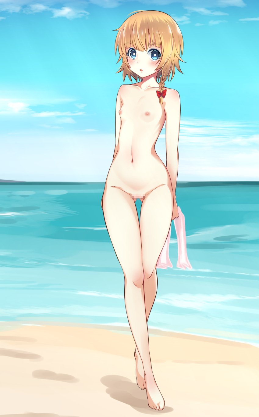 :o bad_id bad_pixiv_id beach blonde_hair blue_eyes blue_sky blush bow braid breasts bright_pupils censored cloud commentary completely_nude cookie_(touhou) day female full_body hairbow highres holding holding_towel horizon looking_at_viewer marisa_kirisame meguru_(cookie) momendoufu mosaic_censoring navel nipples nude ocean open_mouth outdoors pussy red_bow sand short_hair side_braid single_braid sky small_breasts solo touhou towel walking water white_pupils