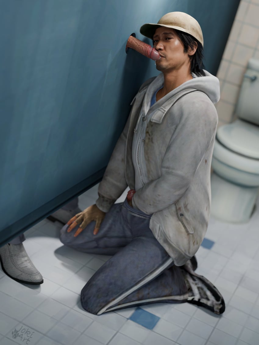 akiyama_shun bathroom black_hair boner dirty dirty_clothing dirty_shoes erection facial_hair faggot fat_lips fingerless_gloves gay gay_domination gay_sex glory_hole gloves good_boy grey_clothing grey_shoes hard_cock hat holding_penis homeless_male jean_shorts kiryu_kazuma kissing_penis_tip leaking_cum leaking_precum like_a_dragon_(series) looking_at_camera looking_at_viewer loser masturbating masturbation mullet mullet_(hairstyle) mutual_orgasm oral oral_sex parted_lips penis_poking_out playing_with_penis pleasure_face pleasured_face reaching_into_pants ruined_clothes ryuu_ga_gotoku ryuu_ga_gotoku scruffy shaggy_hair sitting sitting_on_floor slutboy slutty_pose stroking_cock stroking_penis submissive submissive_male tip toilet touching_tip yakuza_(series)