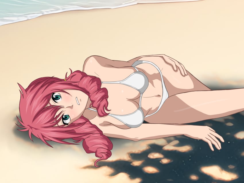 1girls artist_name beach bikini bikini_bottom bikini_top blush breasts cleavage feldt_grace female female_focus female_only green_eyes gundam gundam_00 hair_ribbon hi_res high_resolution highres inner_sideboob light-skinned_female light_skin looking_at_viewer lying lying_on_side medium_breasts mobile_suit_gundam ocean on_side pale-skinned_female pale_skin perky_breasts pink_hair pinup pose posing ribbon sideboob solo solo_female solo_focus swimsuit thighs tied_hair twintails very_high_resolution white_bikini white_bikini_bottom white_bikini_top white_panties white_swimsuit