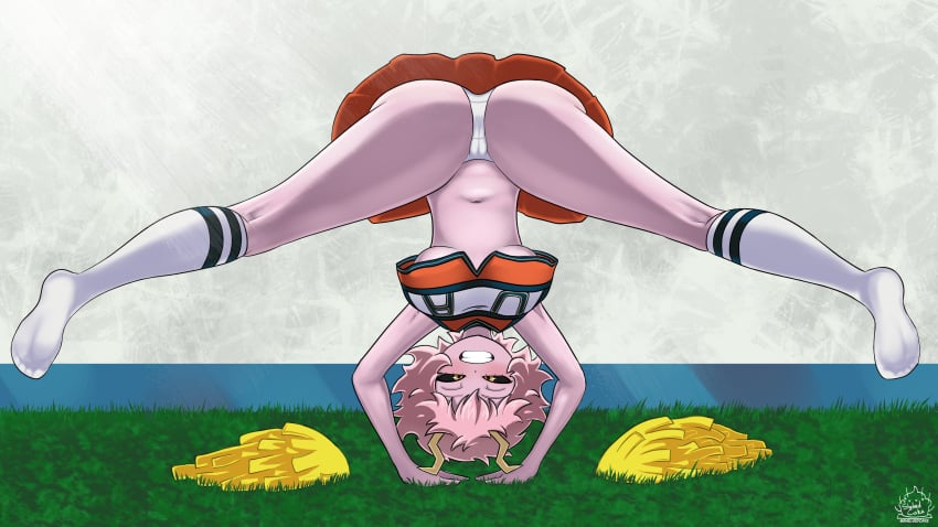 1girls alternate_version_available black_sclera cheerleader cheerleader_uniform clothed handstand handstand_with_split_pose horns medium_breasts mina_ashido my_hero_academia outdoors panties pantyshot pervert_smile pink-skinned_female pink_hair pink_skin shelvedcake skirt smile smiling_at_viewer socks solo splits u.a._cheerleader_outfit upside-down upside-down_splits upskirt