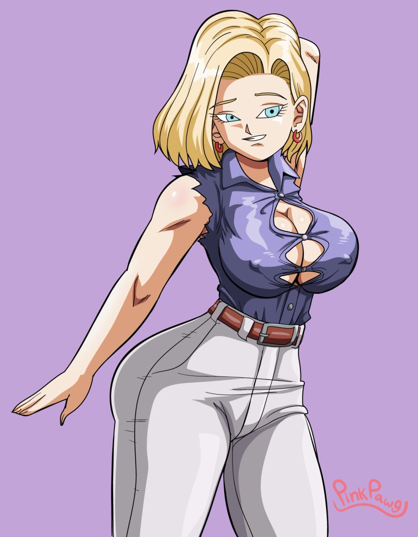 android_18 blonde_hair blue_eyes breasts cleavage curvaceous curvy dragon_ball dragon_ball_z earrings erect_nipples hourglass_figure huge_breasts loose_shirt pinkpawg puffy_nipples purple_shirt short_hair smile voluptuous white_pants wide_hips