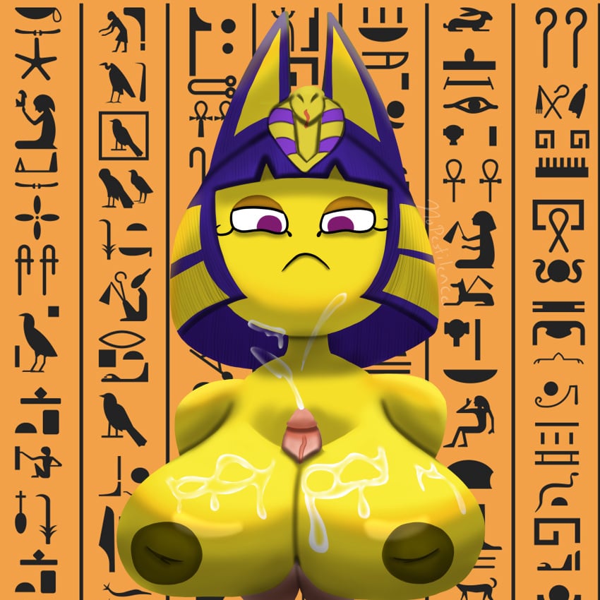 absurd_res animal_crossing ankha ankha_(animal_crossing) anthro balls big_balls big_breasts bodily_fluids breast_play breasts circumcised clothing cum cum_on_breasts cum_on_chin cum_on_face disembodied_penis domestic_cat duo egyptian egyptian_clothing egyptian_headdress erection felid felidae feline felis female first_person_view front_view genital_fluids genitals gold_(metal) gold_jewelry gynomorph hair hair_decoration hi_res hieroglyphics human human_on_anthro humanoid humanoid_genitalia humanoid_penis intersex interspecies jewelry looking_at_viewer looking_down looking_down_at_viewer makeup male male/female mammal mascara mid_ejaculation nintendo nopestilence nude penis purple_eyes sex short_hair titjob vein veiny_penis