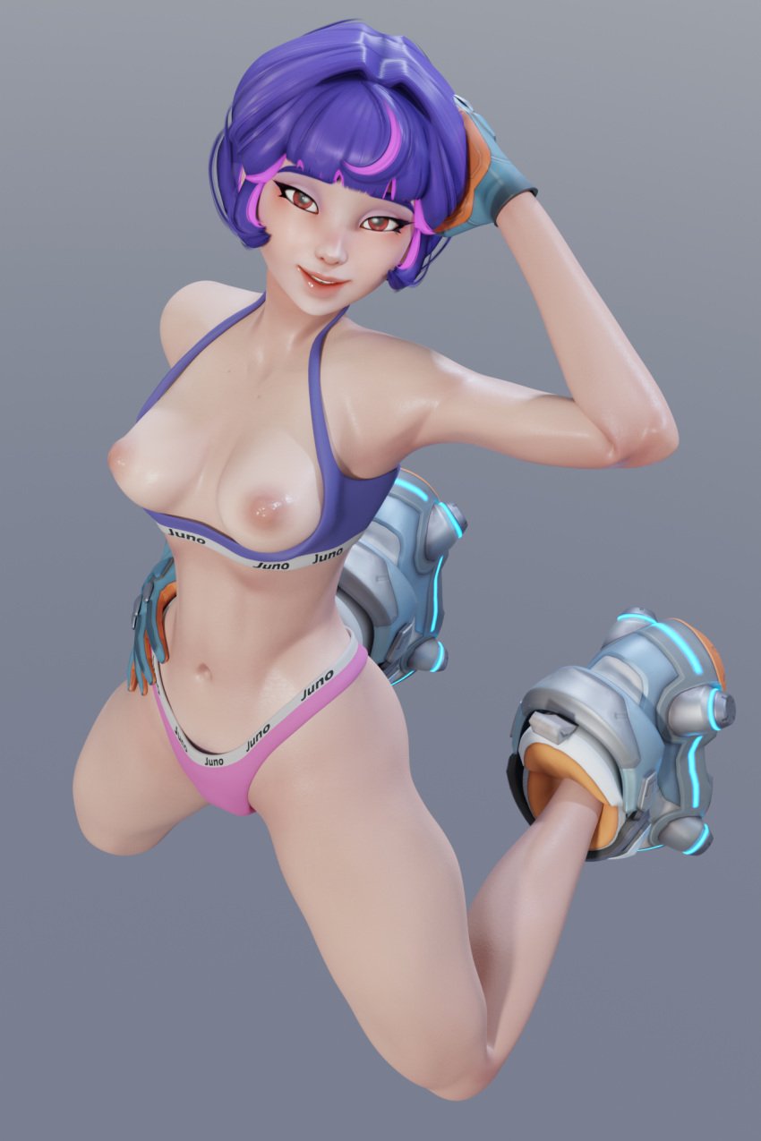 1girls 3d 3d_model bra exposed_breasts hand_on_head hand_on_hip juno_(overwatch) looking_at_viewer overwatch overwatch_2 panties pinup purple_hair solo solo_female video_game_character