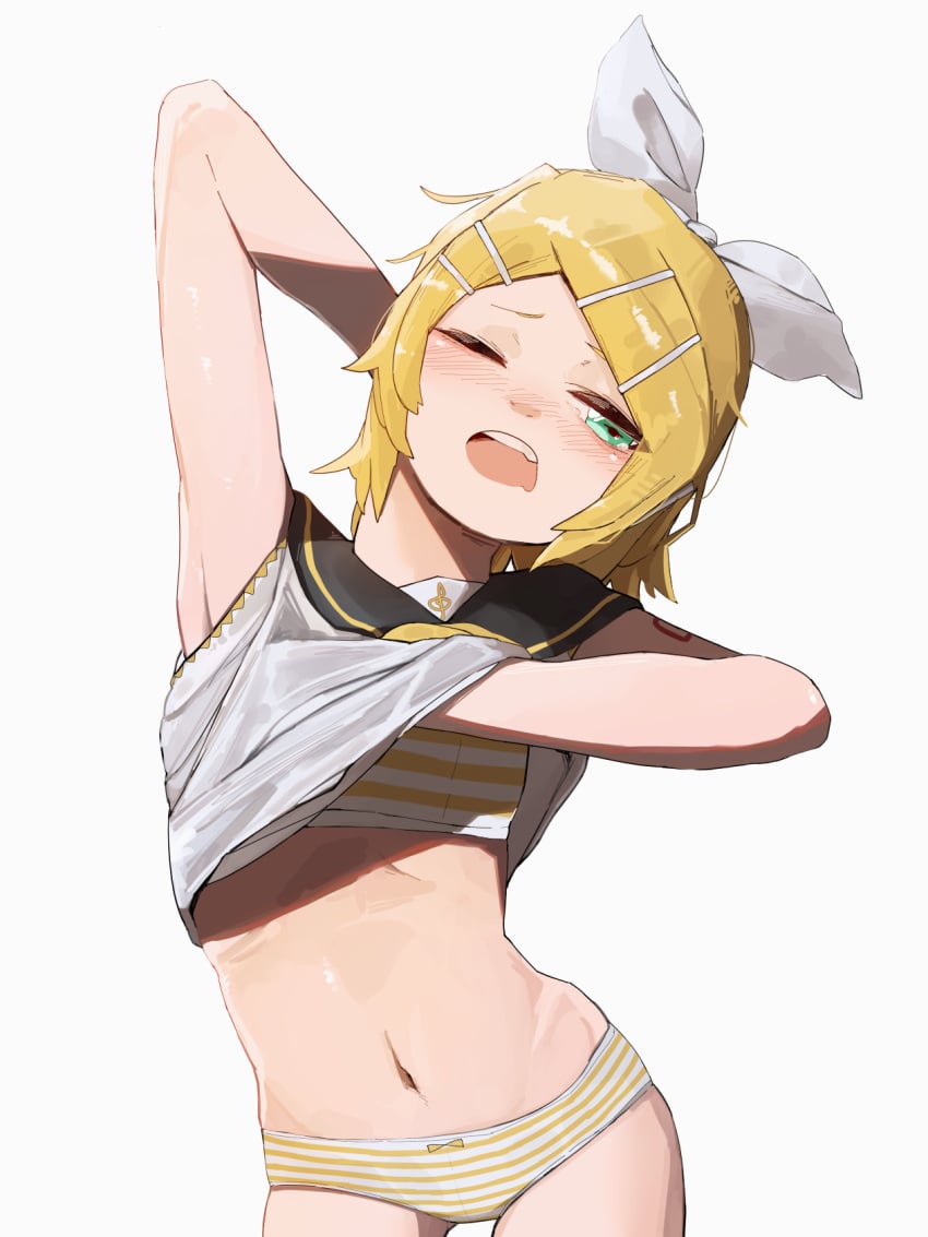 1girls arm_up armpits belly_button blonde_hair blue_eyes blush bow bra female female_focus female_only green_eyes hairclip kagamine_rin ki_romaru one_eye_closed panties saliva shirt_lift short_hair simple_background small_breasts solo solo_female solo_focus striped_panties tattoo tears thick_thighs thighs visible_ribs vocaloid waist white_background yellow_hair yellow_panties