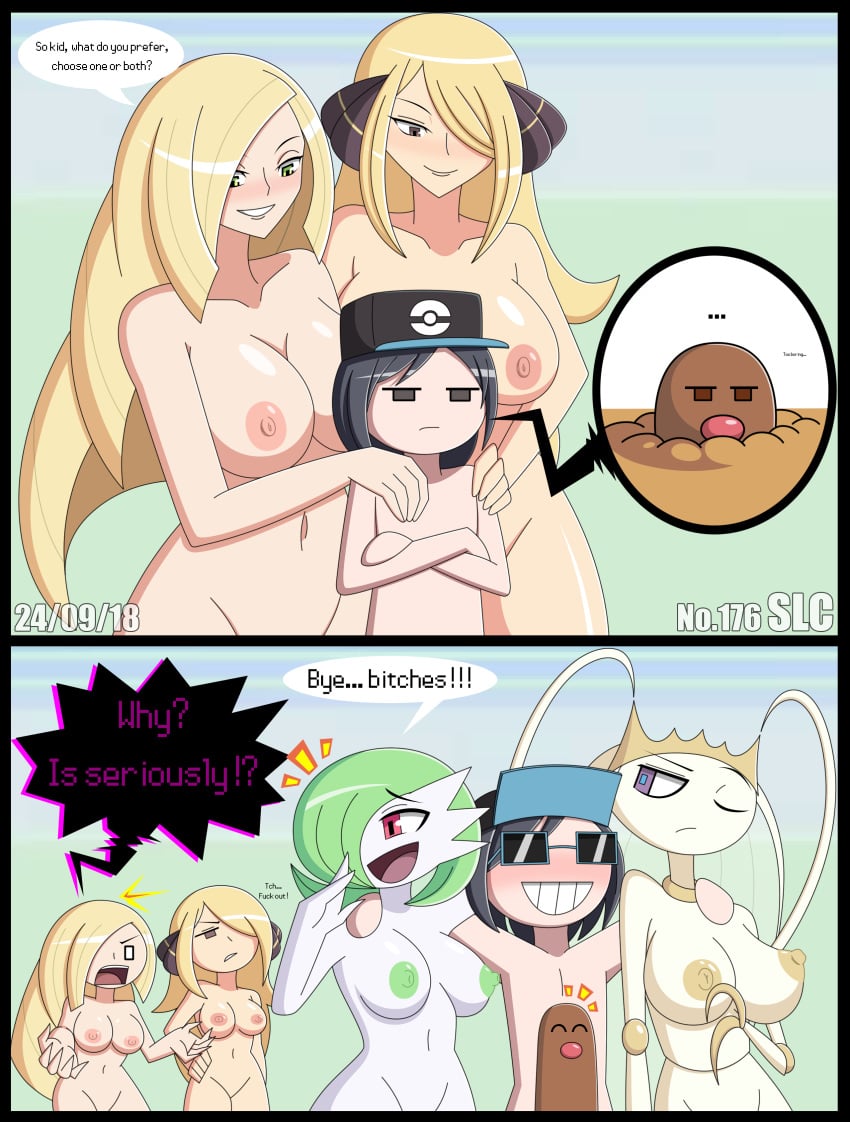 1boy 4girls aether_foundation alternate_eye_color antennae anthro big_breasts black_border blush breasts brown_eyes comic cynthia_(pokemon) dated diglett elio_(pokemon) empty_eyes english_text eyelashes female femdom gardevoir green_eyes green_hair green_skin hair_over_one_eye half-closed_eyes hat human humanoid insect interspecies large_breasts looking_down lusamine_(pokemon) male male_human/female_anthro male_human/female_humanoid male_human/female_pokemon milf mother nintendo nipples nude one_eye_closed pheromosa pokemon pokemon_(species) pokemon_dppt pokemon_rgby pokemon_rse pokemon_sm purple_eyes red_eyes rejection short_hair slc smile standing sunglasses teeth text watermark white_skin yellow_skin