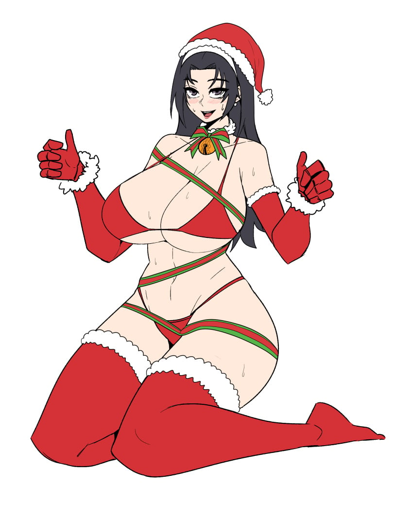 alluring big_breasts black_hair brown_eyes christmas christmas_bikini cleavage elbow_gloves escape1111 kazama_jun milf namco on_knees santa_hat tekken tekken_2 tekken_8 tekken_tag_tournament tekken_tag_tournament_2 thighhigh_boots