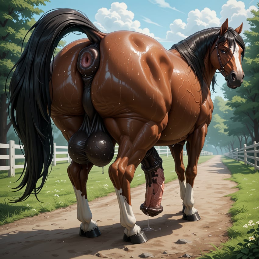 ai_generated ass big_ass big_penis cellulite equid equine equine_genitalia equine_penis feral flared_penis furry glistening glistening_body glistening_butt harness hi_res horse horse_penis horse_tail horsecock huge_ass huge_balls huge_cock inviting looking_at_viewer looking_back muscular muscular_male muskfarm penis perineum precum quadruped sagging_balls solo stable_diffusion sweat sweatdrop sweaty vein veins veiny wet_body