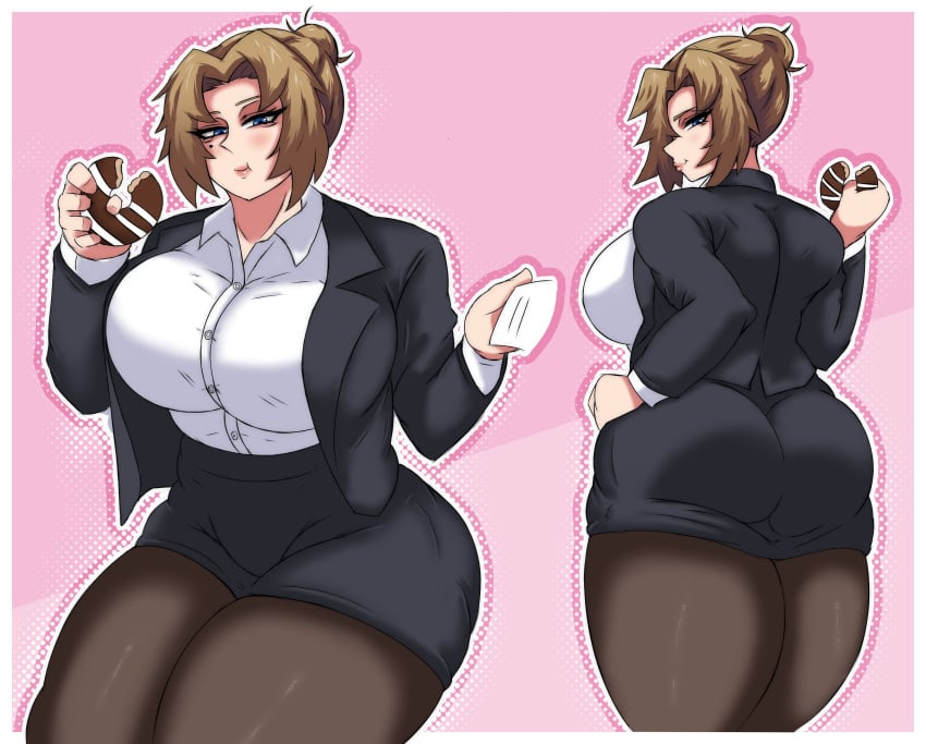 breasts donut doughnut limbus_company littleteze office_lady project_moon rodion_(limbus_company) suit