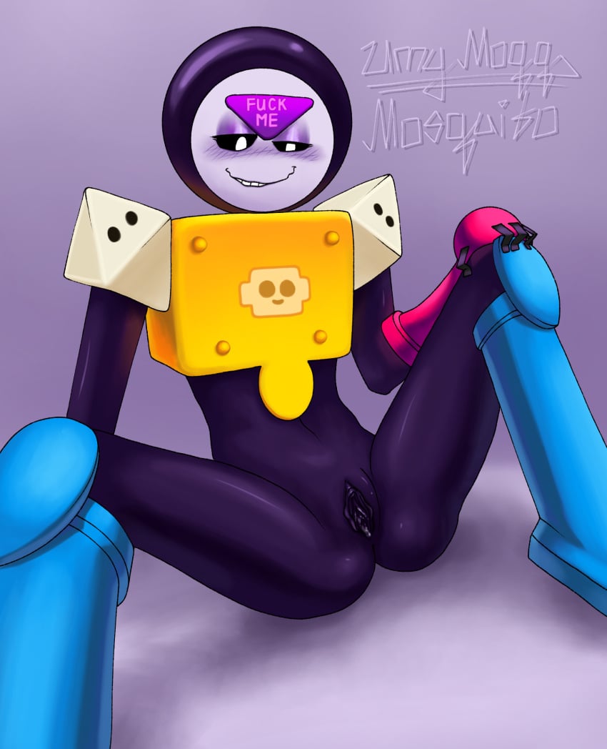 1other aroused aroused_face black_body brawl_stars ibispaintx meeple_(brawl_stars) pussy robot robot_humanoid smirk solo supercell turned_on umymoqq_mosquito vagina white_face