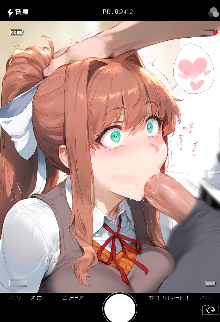 1boy 1girls ai_generated big_breasts breasts brown_hair doki_doki_literature_club fellatio female female_focus green_eyes huge_breasts large_breasts looking_pleasured monika_(doki_doki_literature_club) ponytail recording school_uniform smiling