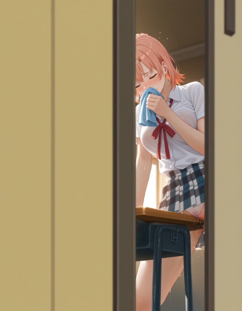 ai_generated covering_mouth eyes_closed female_masturbation masturbation my_teen_romantic_comedy_snafu not_loli_ai partially_open_door pussy_juice pussy_juice_drip pussy_juice_string school_uniform table_humping yuigahama_yui