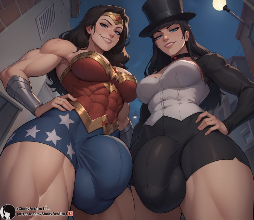 2024 2futas abs ai_generated alley balls bangs big_penis black_hair blue_eyes breasts bulge corset dc dc_comics diana_prince from_below futa_only futanari half-closed_eyes hand_on_hip high_resolution highres justice_league long_hair looking_at_viewer muscular muscular_arms muscular_futanari muscular_thighs navel night outdoors outside penis seductive self_upload shadyfox smile stable_diffusion teeth testicles toned top_hat uncensored wonder_woman zatanna zatanna_zatara