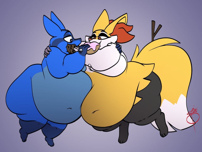 bbw big_breasts braixen breasts cleavage fat_fetish female furry huge_breasts lucario overweight pokemon pokemon_(species) sumisune thick_thighs wide_hips yuri