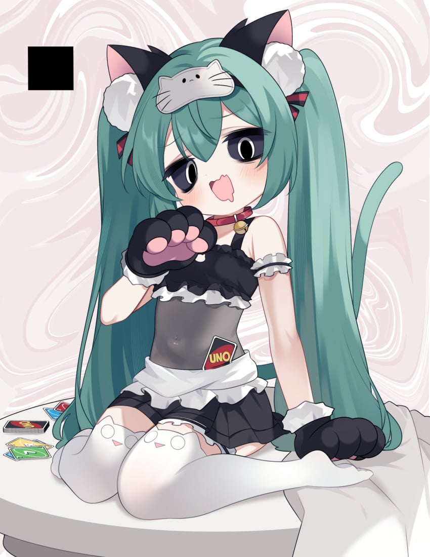 animal_ear_fluff animal_ears animal_hands apron aqua_hair aqua_tail bare_shoulders bell black_bra black_sclera black_skirt blush_stickers border bra card cat_cutout cat_ears cat_paws cat_stockings cat_tail clothing_cutout collar collarbone colored_sclera covered_navel drooling female flat_chest frilled_bra frills gloves hair_between_eyes hands_up hatsune_miku long_hair looking_at_viewer mesugaki_miku mimukauwa_nice_try_(vocaloid) mouth_drool neck_bell on_table open_mouth paw_gloves pleated_skirt red_collar sidelocks single_blush_sticker skin_fang skirt solo stockings tail tail_bell tail_ornament that_fucking_black_square twintails underwear uno_(game) very_long_hair vocaloid waist_apron white_apron yuni_(irohasuiroiro)