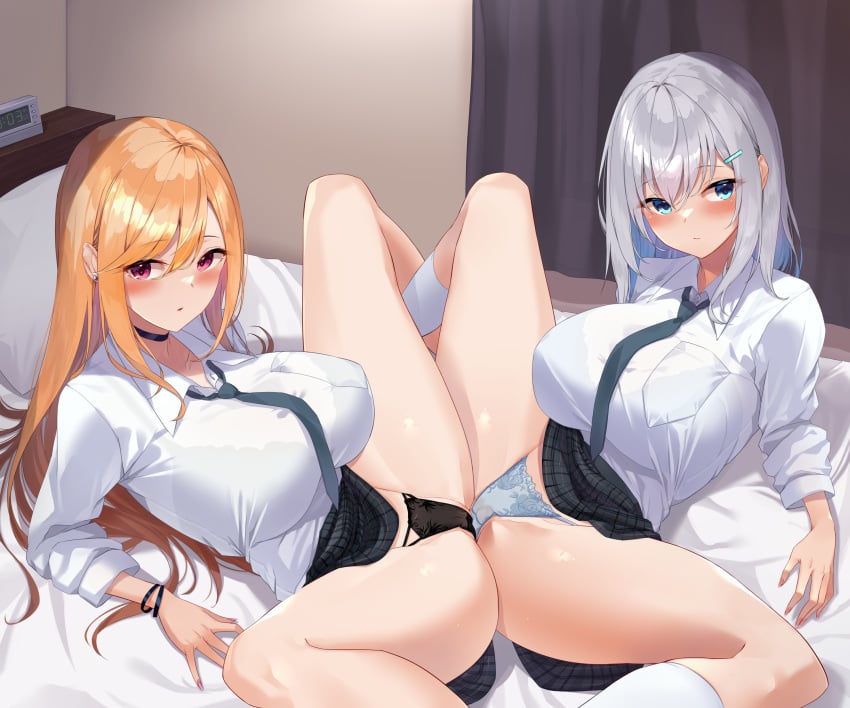 2girls absurdres alarm_clock bed bed_sheet black_bra black_choker black_panties black_skirt blue_eyes blue_panties blush bra bra_visible_through_clothes bracelet breasts cameltoe choker clock clothes_lift collarbone curtains ear_piercing eel_mizue female/female female_only frottage grey_hair hair_between_eyes hair_ornament hairclip highres incest indoors jewelry large_breasts lesbian long_hair looking_at_viewer lying multiple_girls on_back on_bed open_mouth orange_hair original panties piercing pleated_skirt purple_eyes school_uniform shirt siblings sidelocks sister_and_sister sisters skirt skirt_lift socks spread_legs twincest twins underwear white_shirt white_socks yuri