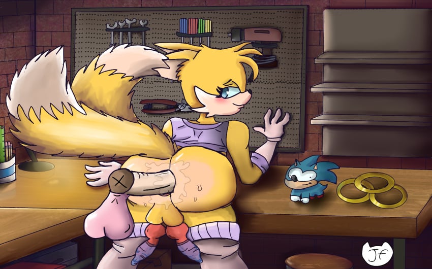 1boy 1futa 2_penises 2_tails 2d_(artwork)furry amy_rose anthro ass_focus blue_eyes bubble_butt canine clothing condom condom_on_penis femboy fox fox_ears futa_on_male futanari precum sonic_(series) sonic_the_hedgehog_(series) sweat tails tails_the_fox tank_top thick_thighs thighhighs